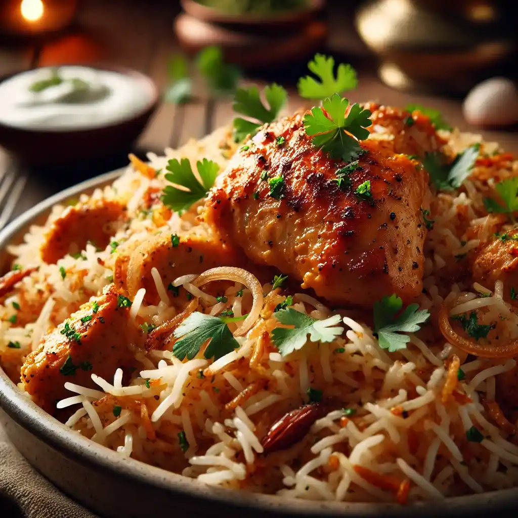 A close-up shot of a plate of chicken biryani with perfectly spiced rice, tender chicken pieces, fried onions, and cilantro garnish, served with a side of yogurt sauce, placed on a wooden table