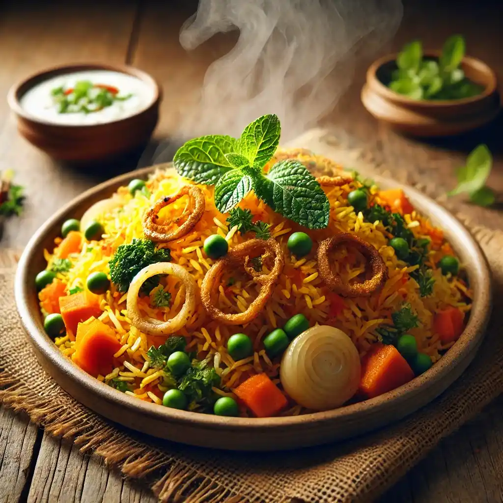 A steaming plate of vegetable biryani with vibrant orange and yellow rice, mixed vegetables, a sprig of mint, fried onions, and a small bowl of raita, placed on a rustic wooden table with natural lighting