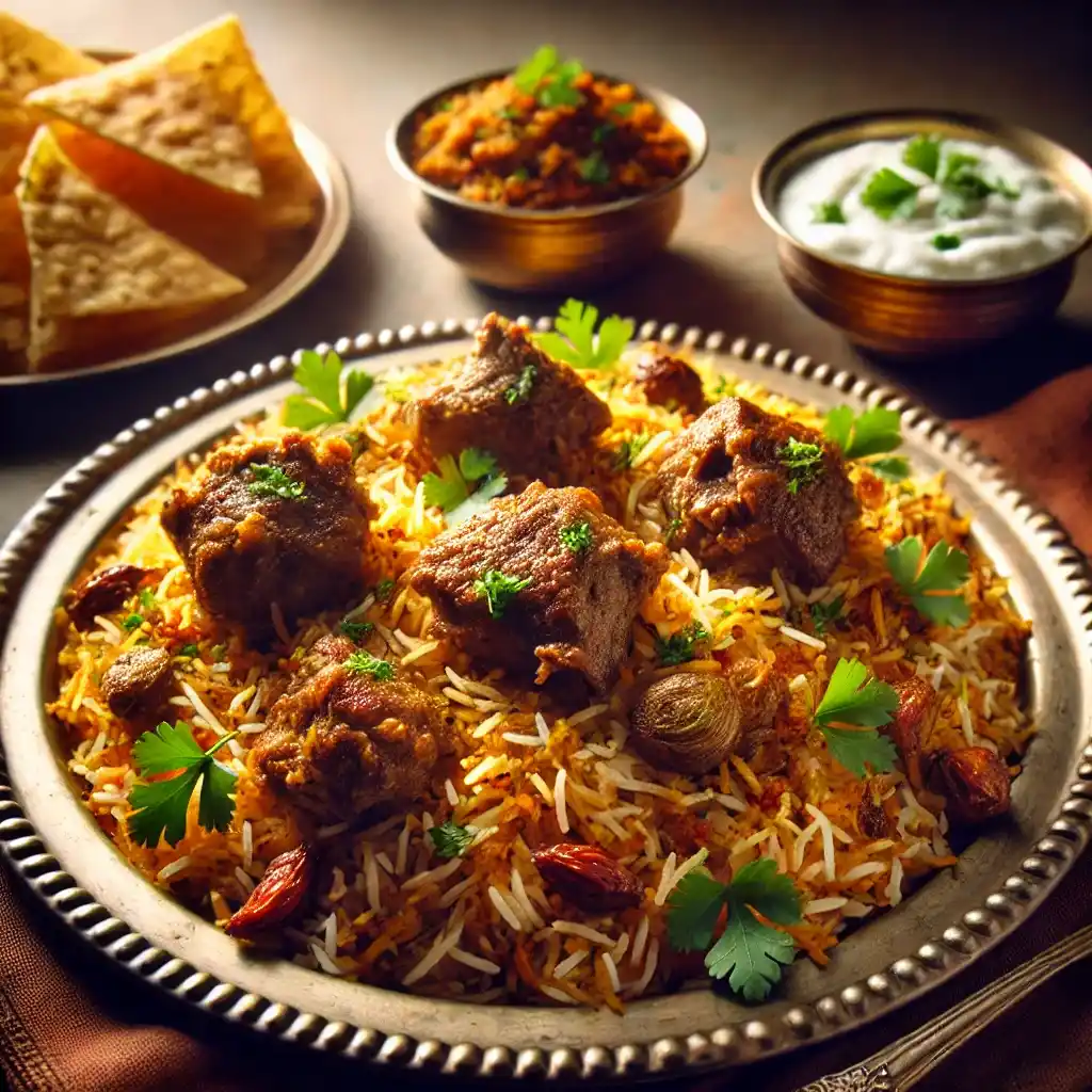 A plate of mutton biryani with tender pieces of mutton, golden spiced rice, fresh coriander garnish, a side of raita, and crispy papad, served on a traditional silver plate, with soft lighting highlighting the dish