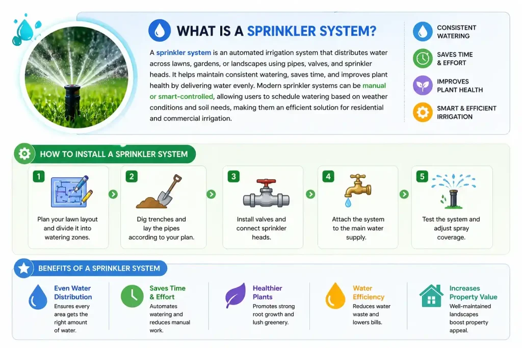 Sprinkler System Guide 2026: Installation, Cost, Repair & Irrigation Tips 1 Diagram of sprinkler system with installation steps and benefits for efficient lawn irrigation