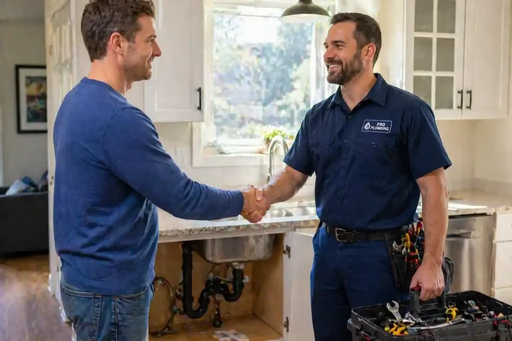 How Hiring a Professional Plumber Saves Time, Money, and Prevents Costly Repairs 3 Friendly plumber service in modern kitchen