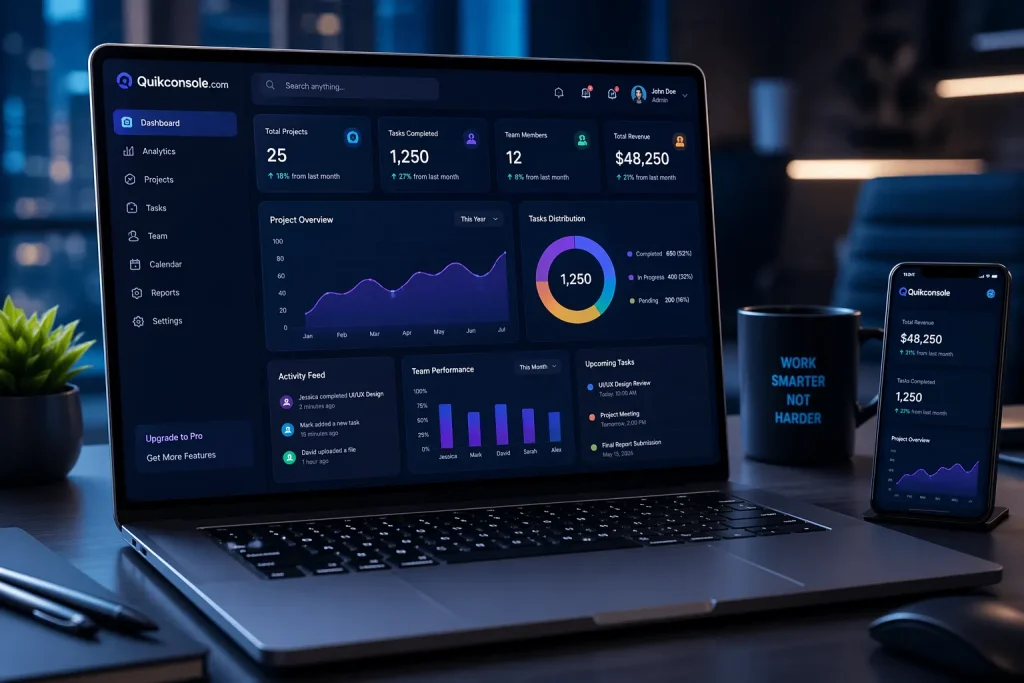 Quikconsole.com Review 2026: Features, Uses, Benefits, Is It Safe & Worth Using? 1 Modern tech workspace with dashboard UI