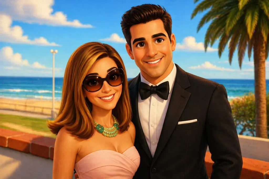 Who Is Noelle Watters? Untold Story of Jesse Watters’ Ex-Wife, Career & Life Today 1 Pixar-style illustration of Noelle Watters and Jesse Watters smiling together in formal attire beside a sunny beach with palm trees and ocean in the background.