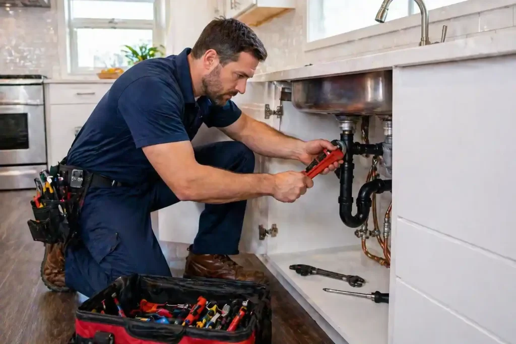 How Hiring a Professional Plumber Saves Time, Money, and Prevents Costly Repairs 1 Plumber at work in modern kitchen