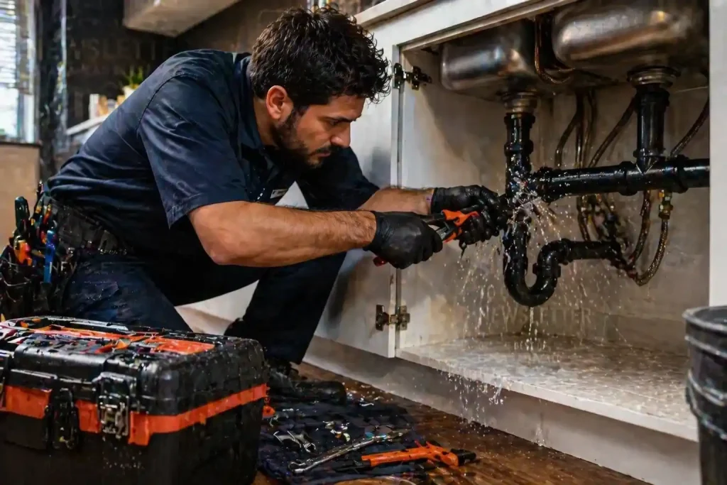 How Hiring a Professional Plumber Saves Time, Money, and Prevents Costly Repairs 2 Plumber fixing a kitchen leak