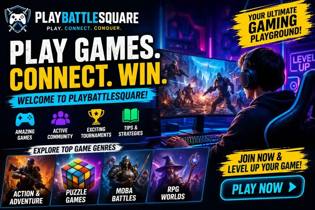 Playing Games on Blog PlayBattleSquare: Ultimate Guide for Gamers (2026) 1 Futuristic gaming arena promotional design