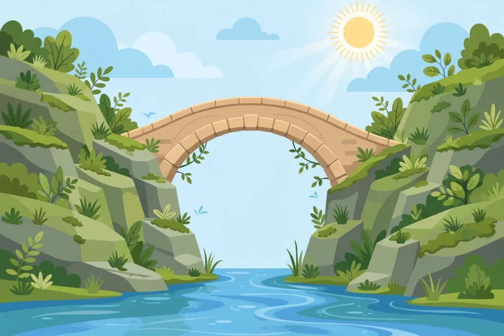 Synonyms for And: 25+ Alternatives to Vary Your Sentences (2026 Guide) 2 Flat illustration of a bridge connecting two cliffs