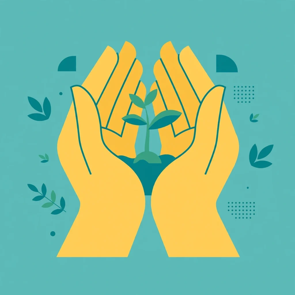 Synonyms for Care: 40+ Words for Concern, Attention, and Kindness (2026 Guide) 2 Flat illustration of hands cradling a small plant