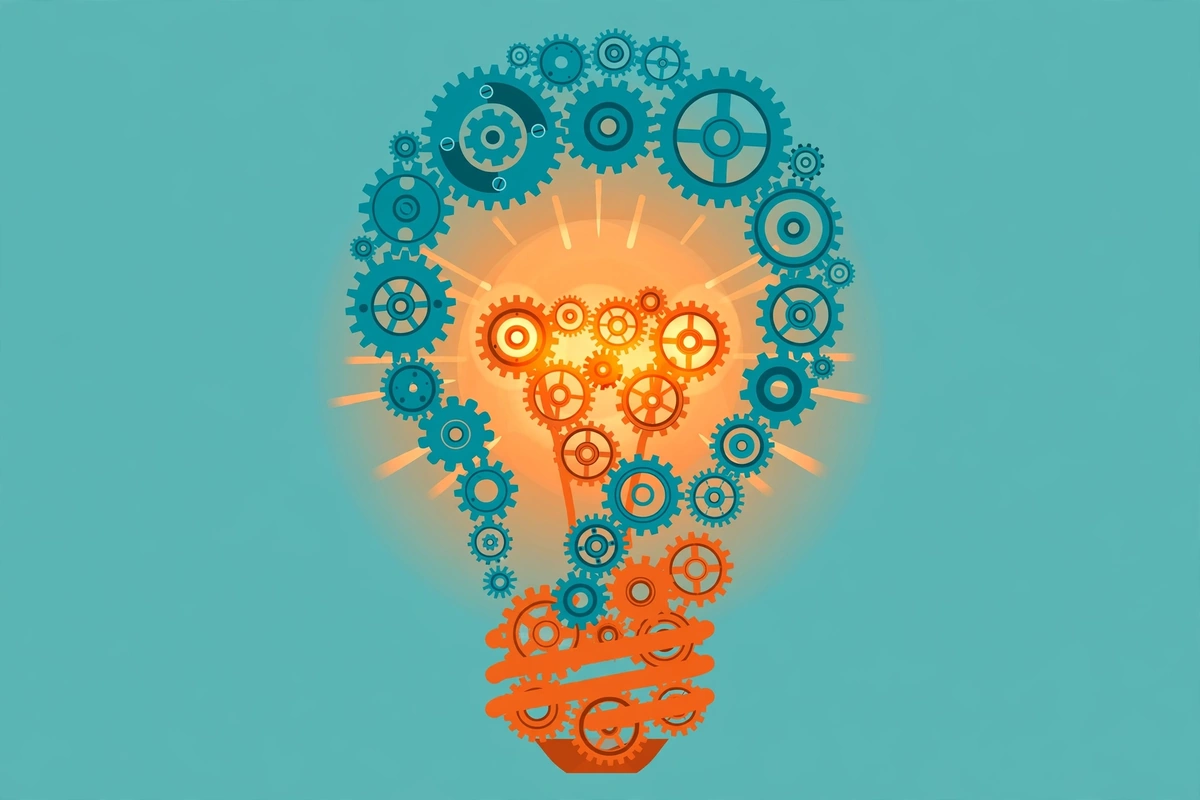 Synonyms for Created: 40+ Words for Making, Building, and Inventing (2026 Guide) 2 Flat illustration of gears assembling into a lightbulb
