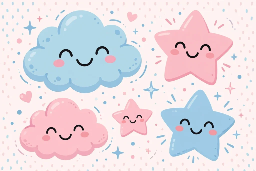 Synonyms for Cute: 40+ Adorable Alternatives (2026 Guide) 2 Flat illustration of smiling kawaii-style cloud and star characters