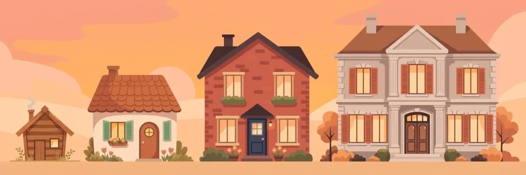 Synonyms for House: 40+ Words for Home, Dwelling, and Residence (2026 Guide) 2 Flat illustration of house styles from a small hut to a grand mansion