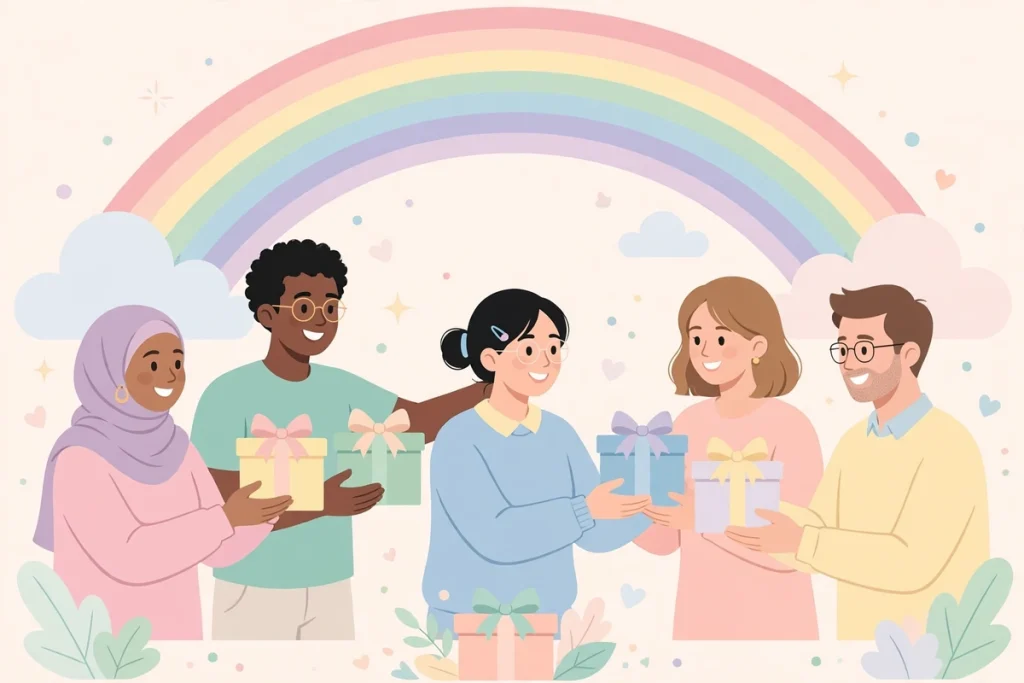 Synonyms for Kindness: 40+ Words for Compassion, Generosity, and Gentleness (2026 Guide) 2 Flat illustration of people sharing gifts under a rainbow