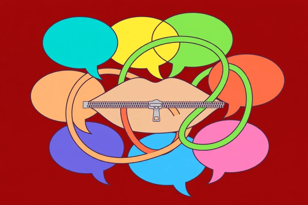 Synonyms for Not Telling the Truth: 40+ Words for Lying, Deception, and Dishonesty (2026 Guide) 2 Flat illustration of tangled speech bubbles with a zipper mouth